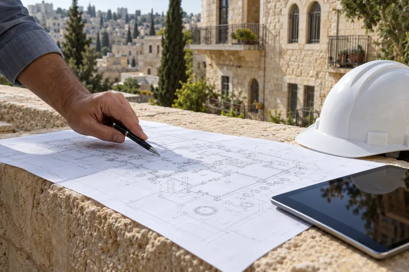 מהנדס מסמן על תוכנית קונסטרוקציה מול בניין מגורים ותיק מאבן ירושלמית